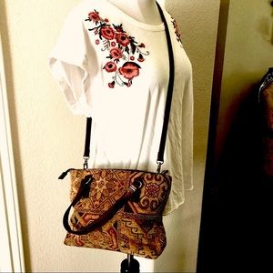 Vintage Fossil Bag Tapestry Crossbody Bohemian Browns Leather Boho Adjustable